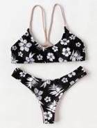 Romwe Calico Print Contrast Strap Bikini Set