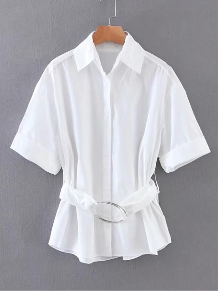 Romwe Tie Waist Blouse With Ring Detail