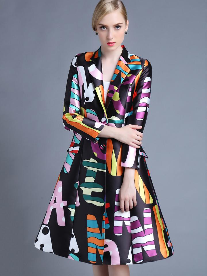 Romwe Multicolor V Neck Long Sleeve Pockets Print Coat