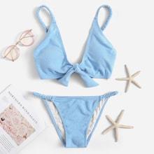 Romwe Ribbed Tie Front Top With Low Rise Bikini