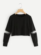 Romwe Cut Out Sleeve Pearl Beaded Tee