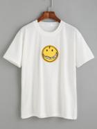 Romwe White Drop Shoulder Smiley Face Patch T-shirt