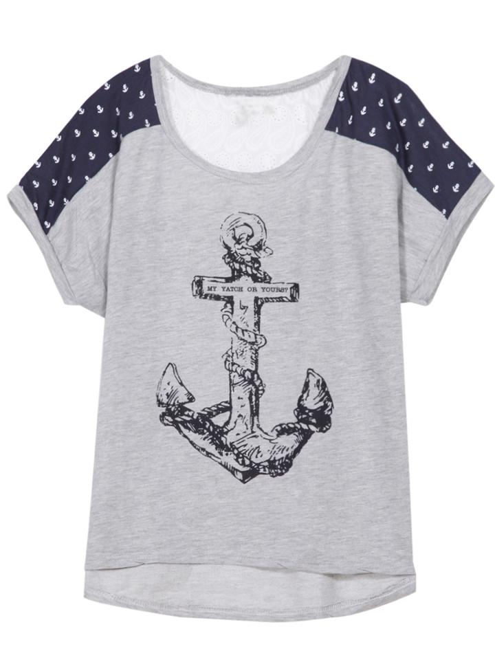 Romwe Anchors Print Dip Hem Grey T-shirt