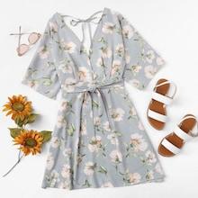 Romwe Flowers Print Tie V Neck Dress