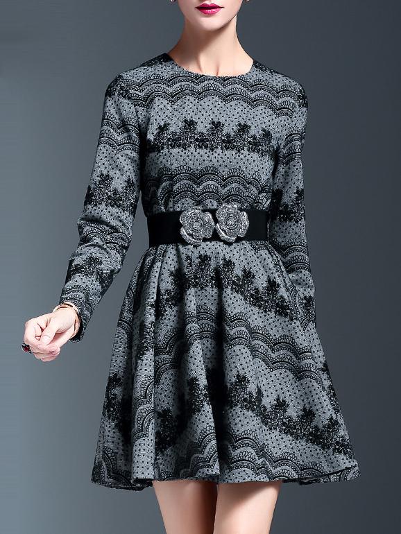Romwe Grey Contrast Lace Belted A-line Dress