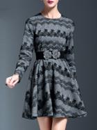 Romwe Grey Contrast Lace Belted A-line Dress