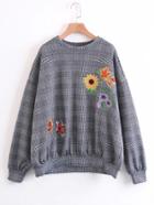 Romwe Embroidered Flower Plaid Sweatshirt