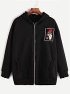 Romwe Black Drop Shoulder Embroidered Zip Up Hooded Sweatshirt