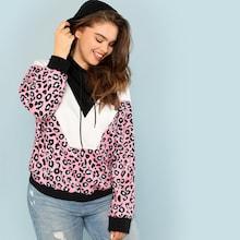 Romwe Plus Cut And Sew Leopard Hoodie
