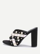 Romwe Faux Pearl And Studded Decorated Cross Strap Heeled Sandals