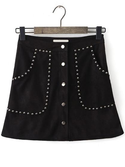 Romwe Single Breasted Studded A-line Skirt