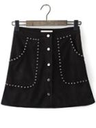 Romwe Single Breasted Studded A-line Skirt