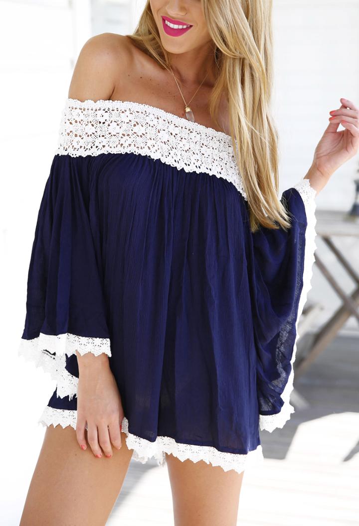 Romwe Navy Off The Shoulder With Lace Hollow Jumpsuit