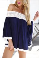 Romwe Navy Off The Shoulder With Lace Hollow Jumpsuit
