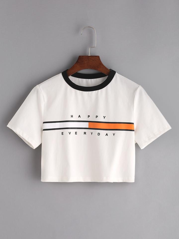 Romwe White Graphic Print Contrast Neck Crop T-shirt
