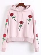 Romwe Flower Sequined Embroidered Drawstring Hooded Sweatshirt
