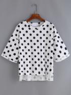 Romwe Dip Hem Polka Dot White T-shirt
