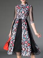 Romwe Black Lapel Floral Contrast Gauze Sheer Dress