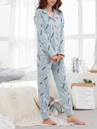 Romwe Contrast Binding Bear Print Shirt & Pants Pj Set