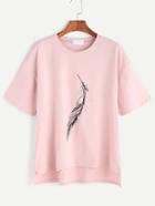 Romwe Pink Feather Print Slit Side High Low T-shirt