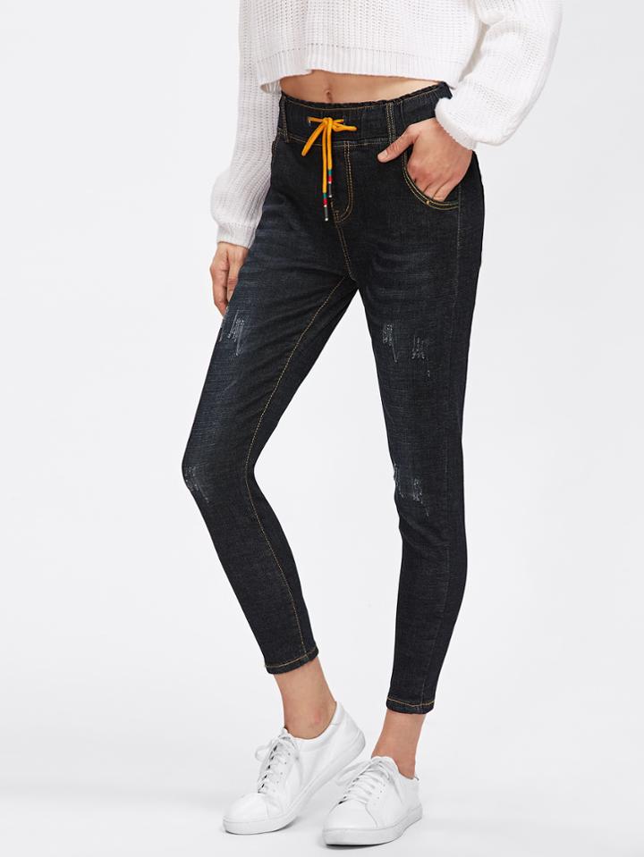 Romwe Drawstring Waist Ripped Skinny Jeans