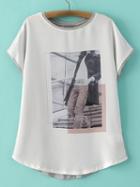 Romwe White Round Neck Printed T-shirt