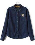 Romwe Cat Embroidered Denim Blouse