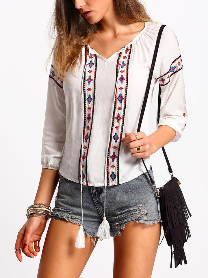 Romwe White Tie-neck Tribal Embroidered Blouse