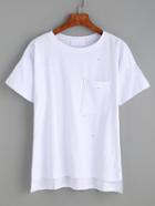 Romwe White Ripped High Low Pocket T-shirt