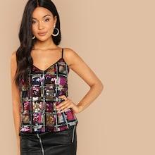 Romwe Sequin Plaid Cami Top