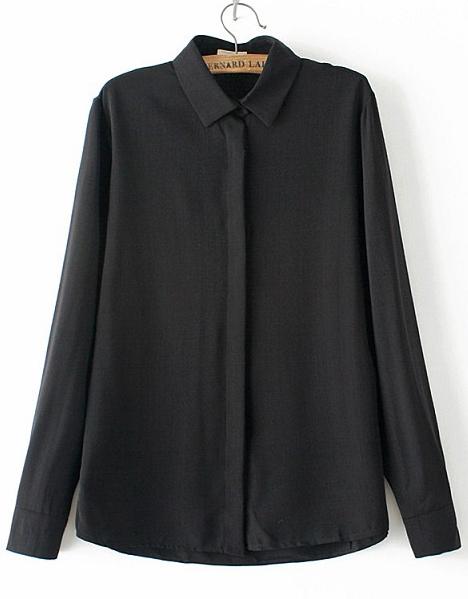 Romwe Black Lapel Dip Hem Chiffon Blouse
