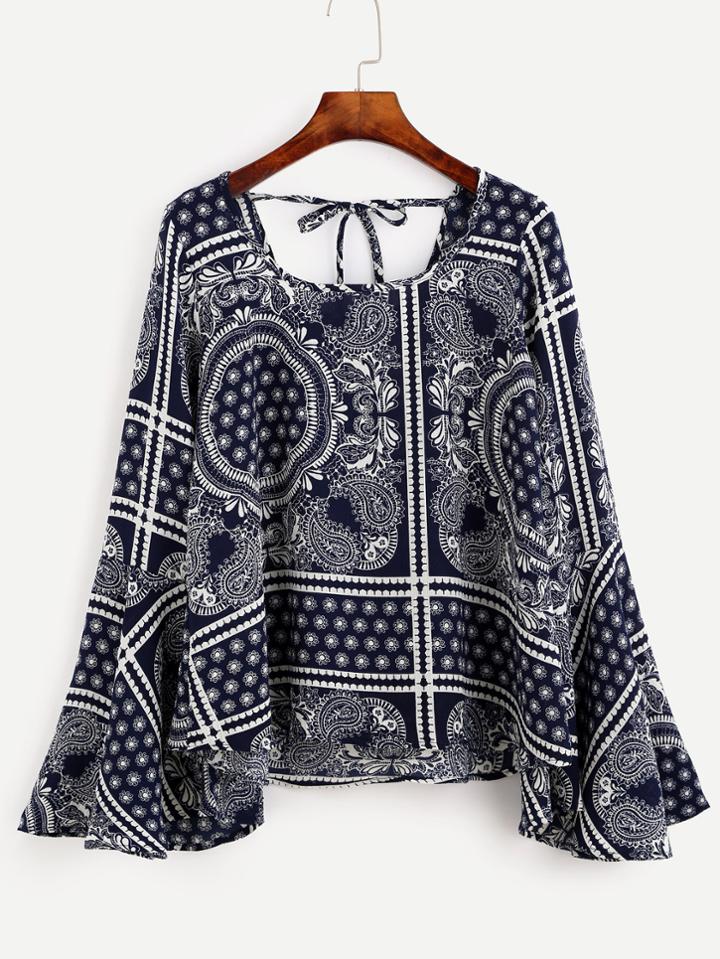 Romwe Navy Paisley Print Tie Back Bell Sleeve Blouse