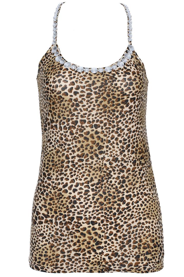 Romwe Romwe Coffee Leopard Print Diamante Vest