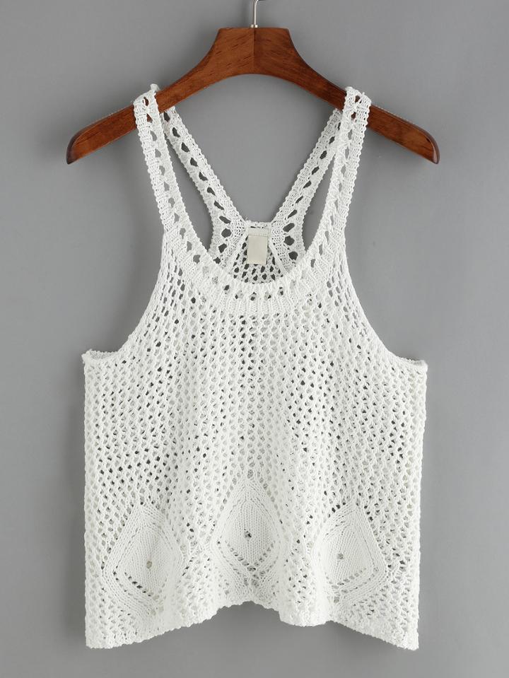 Romwe Crochet Hollow Out White Tank Top