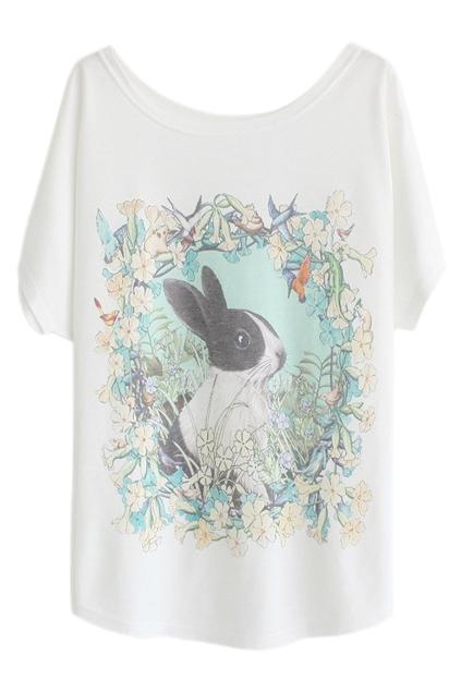 Romwe Romwe Floral & Rabbit Print White T-shirt