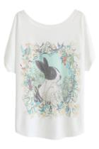 Romwe Romwe Floral & Rabbit Print White T-shirt