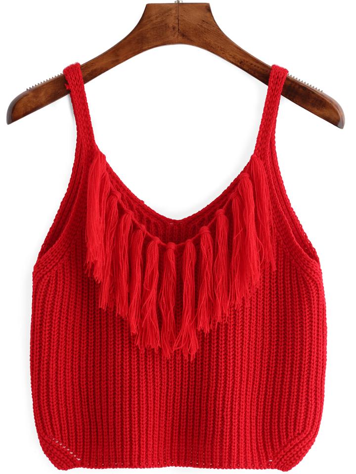 Romwe Spaghetti Strap Tassel Sweater Cami Top