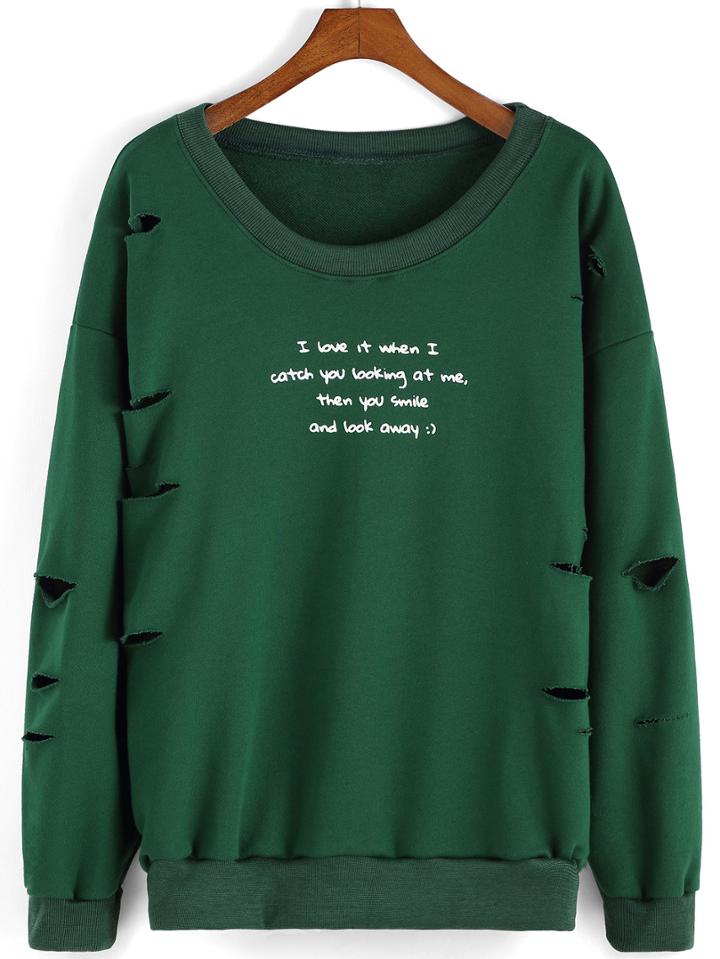 Romwe Letter Print Ripped Loose Sweatshirt