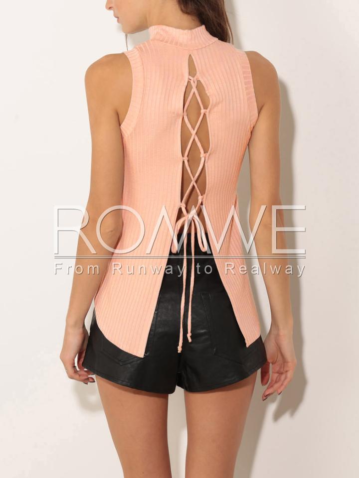 Romwe Pink Lace Up Back Mock Neck T-shirt