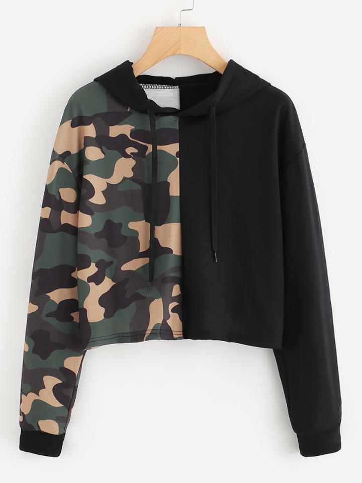Romwe Color Block Camo Print Hoodie