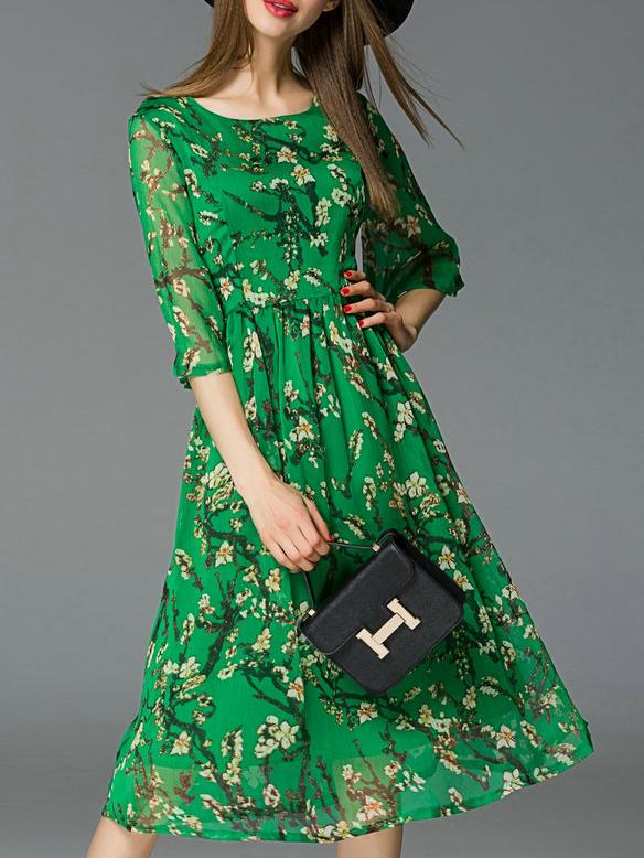 Romwe Green Bell Sleeve A-line Pleated Floral Dress