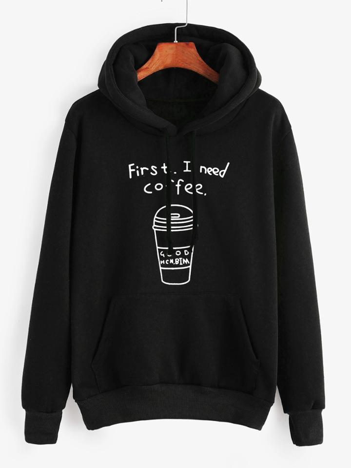 Romwe Black Printed Hooded Sweatshirt With Pocket