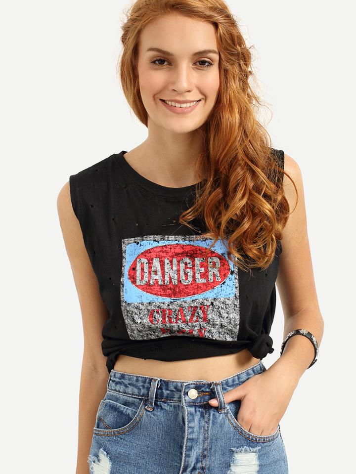 Romwe Eyelet Graphic Print Tank Top - Black