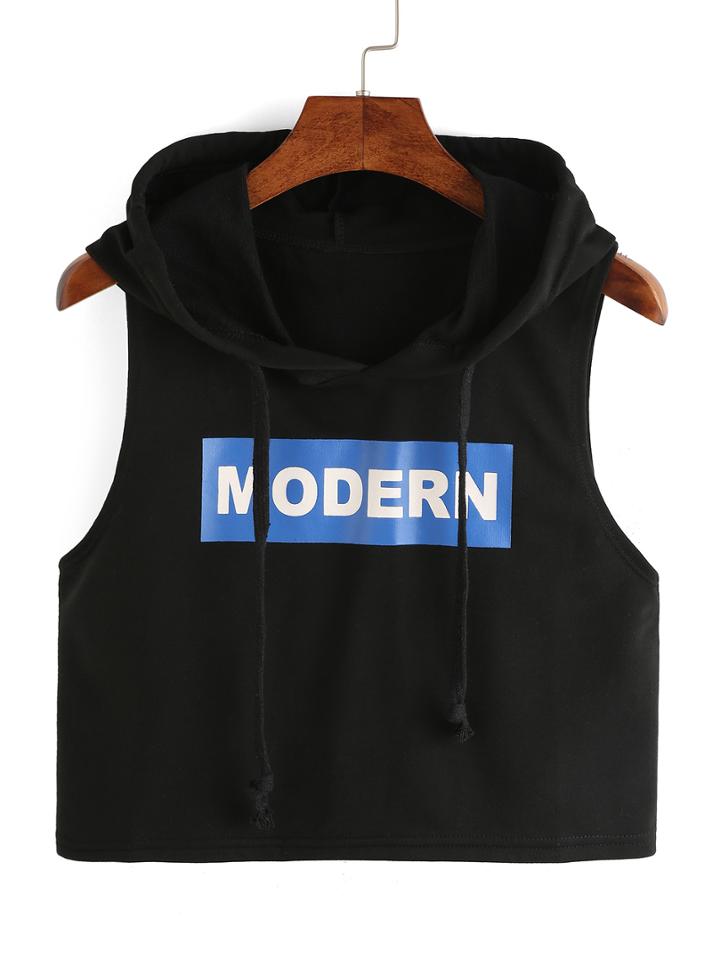 Romwe Letter Print Crop Hoodie Tank Top - Black