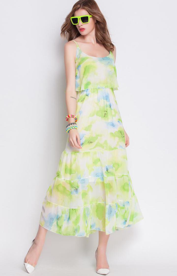 Romwe Spaghetti Strap Florals Chiffon Green Dress