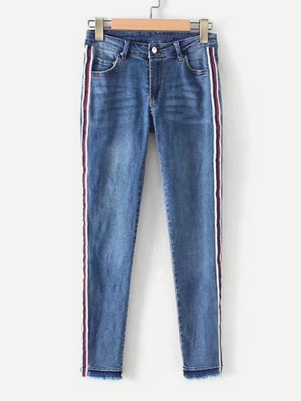 Romwe Striped Tape Raw Hem Jeans