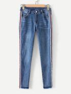 Romwe Striped Tape Raw Hem Jeans