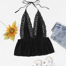 Romwe Spaghetti Strap Knot Contrast Lace Top