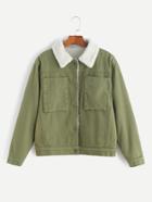 Romwe Army Green Single Breasted Faux Shearling Lined Coat