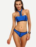 Romwe Contrast Trim Zip Halter Neck Blue Bikini Set
